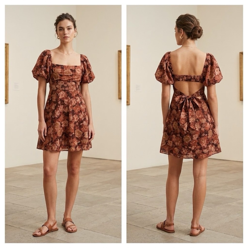 Altar'd State Collie Dress Floral Open Back Puff Sleeve Brown Women's Size M